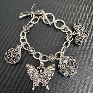 Silver-toned Charm Large Bracelet Nature-themed Dragonflies Butterflies Flowers